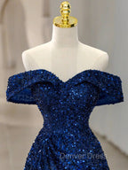 Blue Velvet Sequin Long Prom Dresses, Blue Formal Dresses