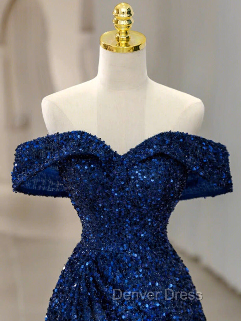 Blue Velvet Sequin Long Prom Dresses, Blue Formal Dresses