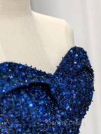 Blue Velvet Sequin Long Prom Dresses, Blue Formal Dresses
