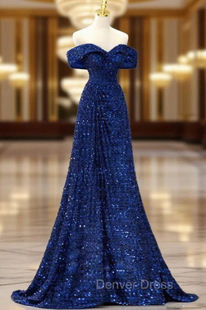 Blue Velvet Sequin Long Prom Dresses, Blue Formal Dresses Main image