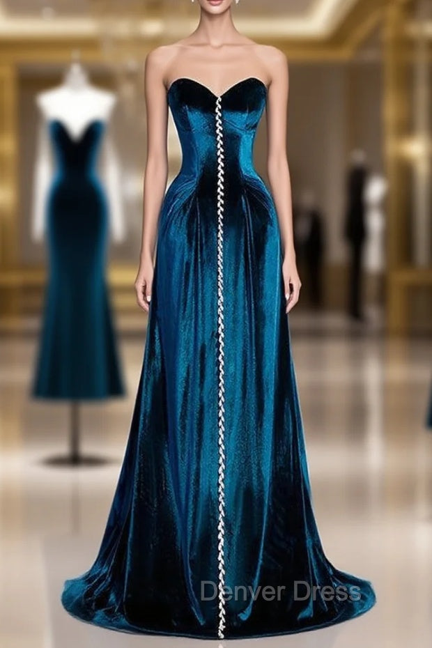 Blue Velvet Strapless Beading Prom Dresses Main image