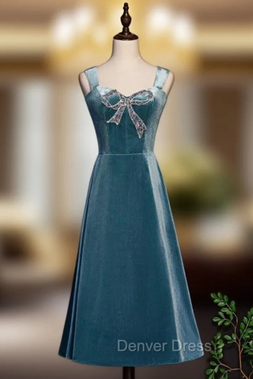 Blue Velvet Straps Beading Tea Length Prom Dresses Main image