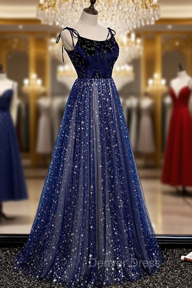 Blue Velvet Tulle Long A Line Prom Dress, Blue Spaghetti Straps Prom Dresses