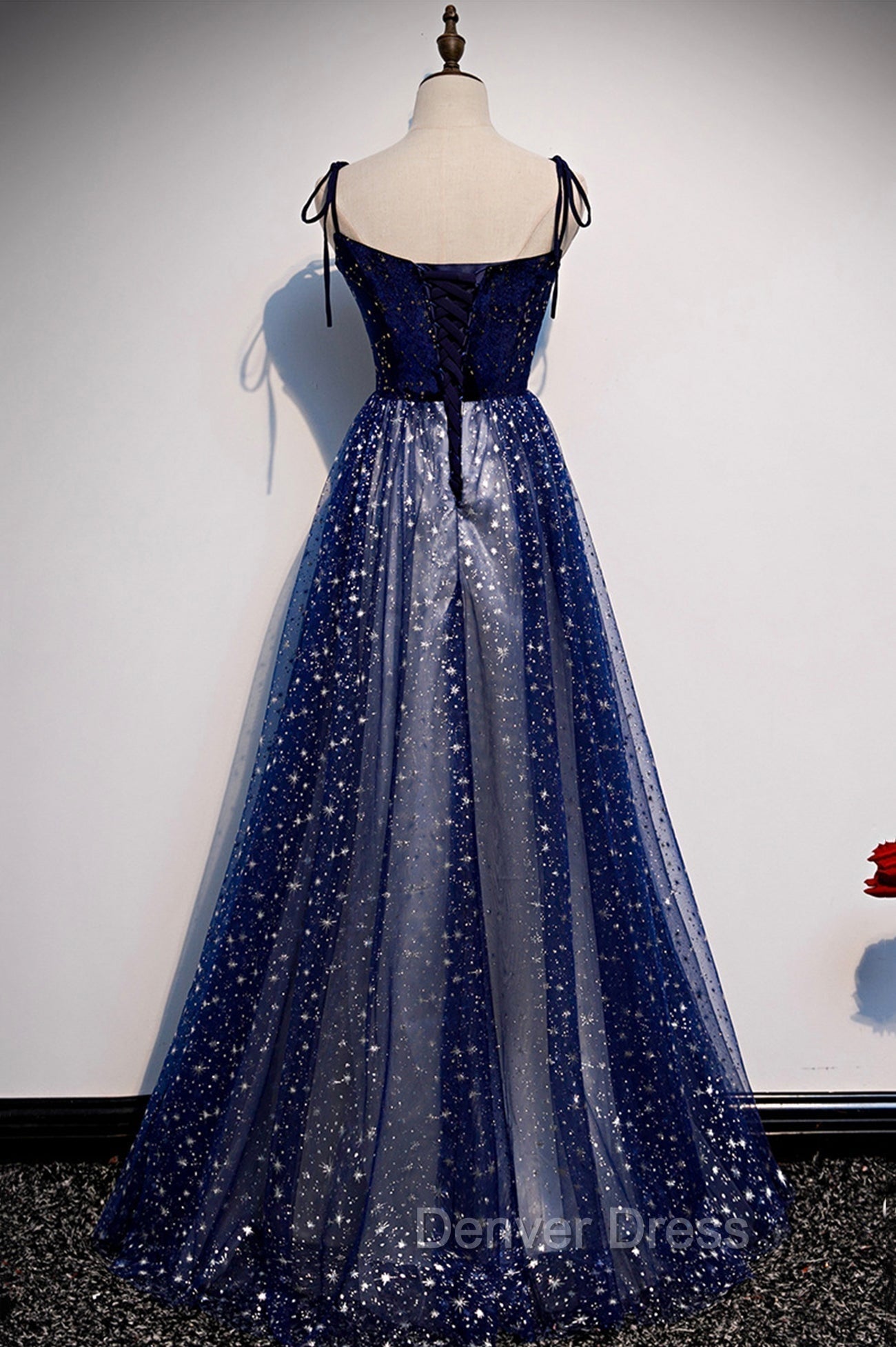 Blue Velvet Tulle Long A-Line Prom Dresses, Blue Spaghetti Straps Evening Dresses