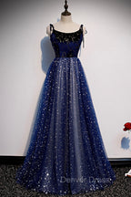 Blue Velvet Tulle Long A-Line Prom Dresses, Blue Spaghetti Straps Evening Dresses