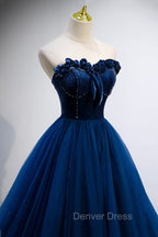 Blue Velvet Tulle Long A Line Prom Dress, Blue Strapless Prom Dresses