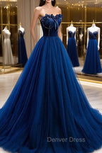Blue Velvet Tulle Long A Line Prom Dress, Blue Strapless Prom Dresses