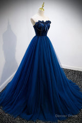 Blue Velvet Tulle Long A-Line Prom Dress, Blue Strapless Formal Evening Dress