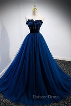 Blue Velvet Tulle Long A Line Prom Dress, Blue Strapless Prom Dresses