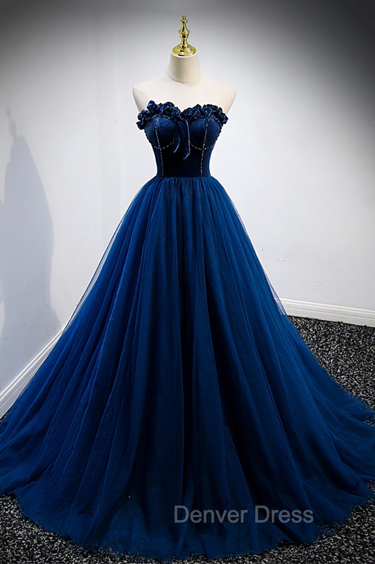 Blue Velvet Tulle Long A Line Prom Dress, Blue Strapless Prom Dresses