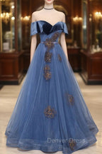 Blue Velvet Tulle Long A Line Prom Dress, Off the Shoulder Prom Dresses