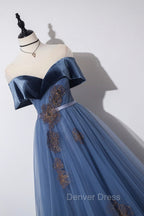Blue Velvet Tulle Long A Line Prom Dress, Off the Shoulder Prom Dresses