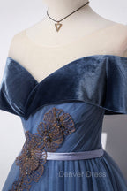Blue Velvet Tulle Long A Line Prom Dress, Off the Shoulder Prom Dresses