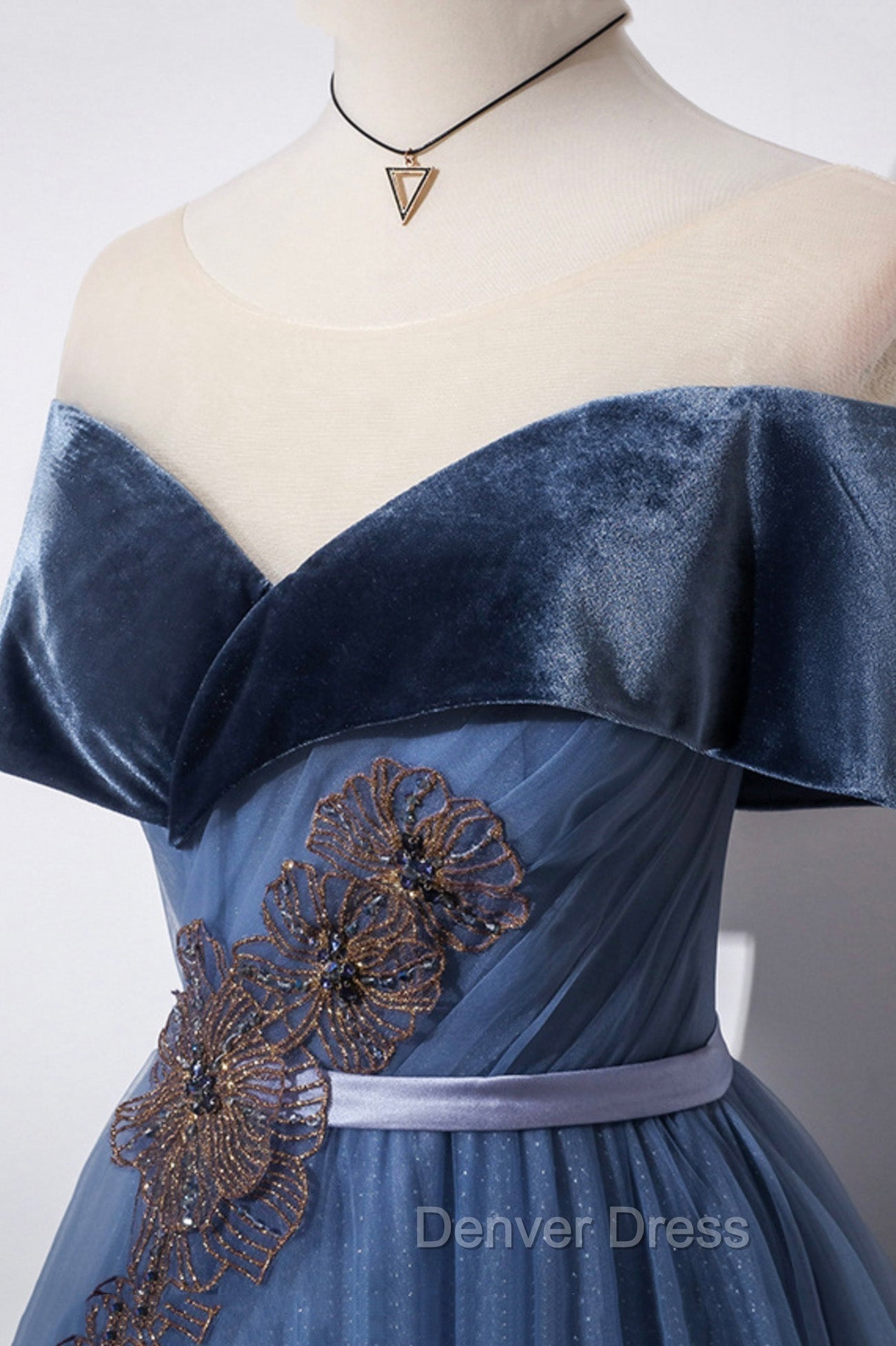 Blue Velvet Tulle Long A Line Prom Dress, Off the Shoulder Prom Dresses