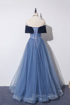 Blue Velvet Tulle Long A Line Prom Dress, Off the Shoulder Prom Dresses