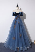 Blue Velvet Tulle Long A Line Prom Dress, Off the Shoulder Prom Dresses