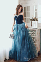 Blue Velvet Tulle Long Prom Dress, A Line Graduation Dresses