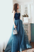 Blue Velvet Tulle Long Prom Dress, A Line Graduation Dresses