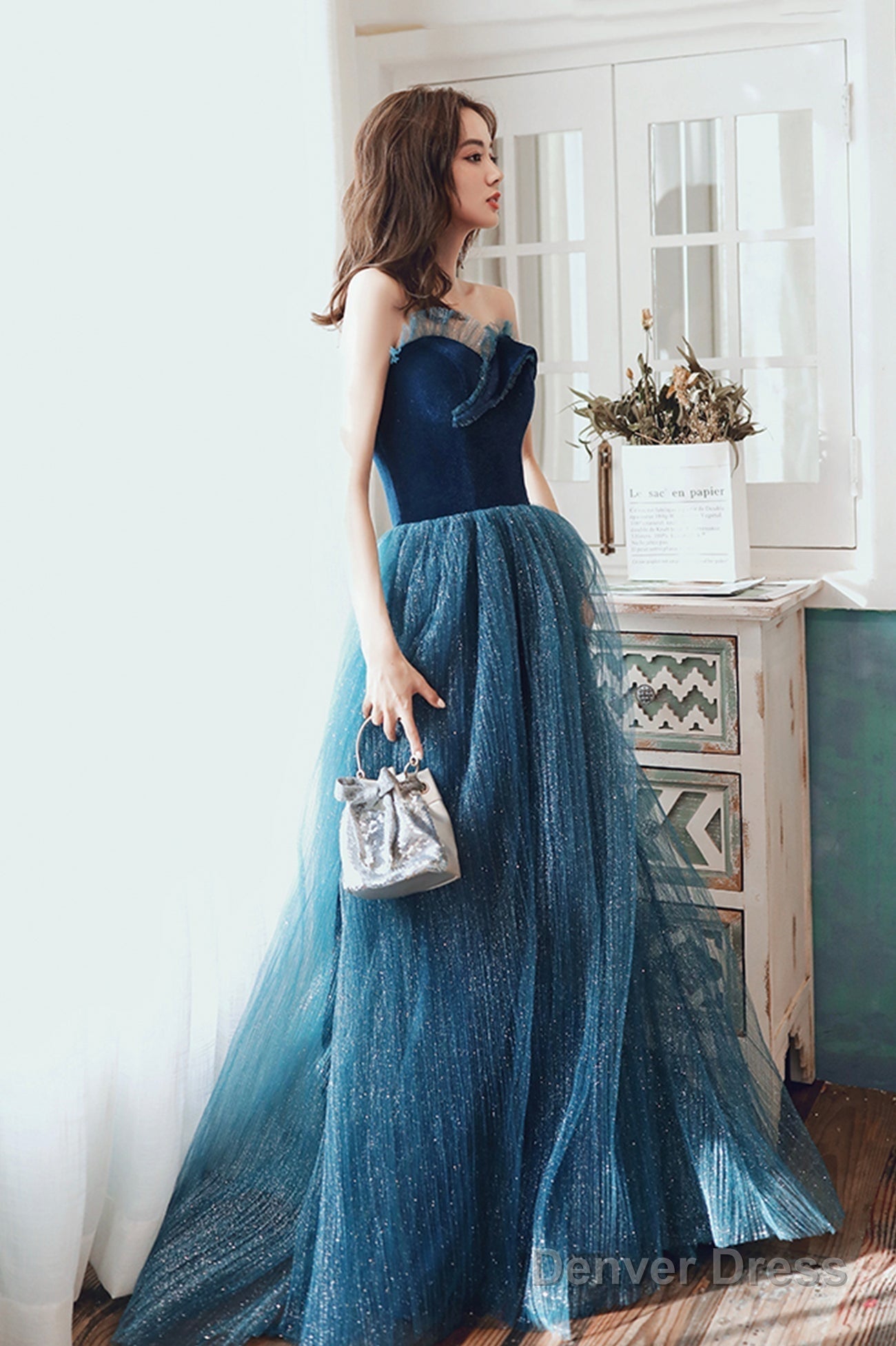 Blue Velvet Tulle Long Prom Dress, A Line Graduation Dresses
