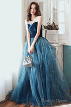 Blue Velvet Tulle Long Prom Dress, A Line Graduation Dresses