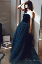 Blue Velvet Tulle Long Prom Dress, A Line Graduation Dresses