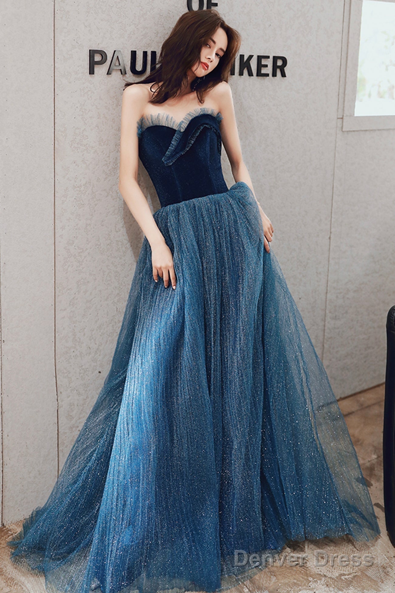 Blue Velvet Tulle Long Prom Dress, A Line Graduation Dresses