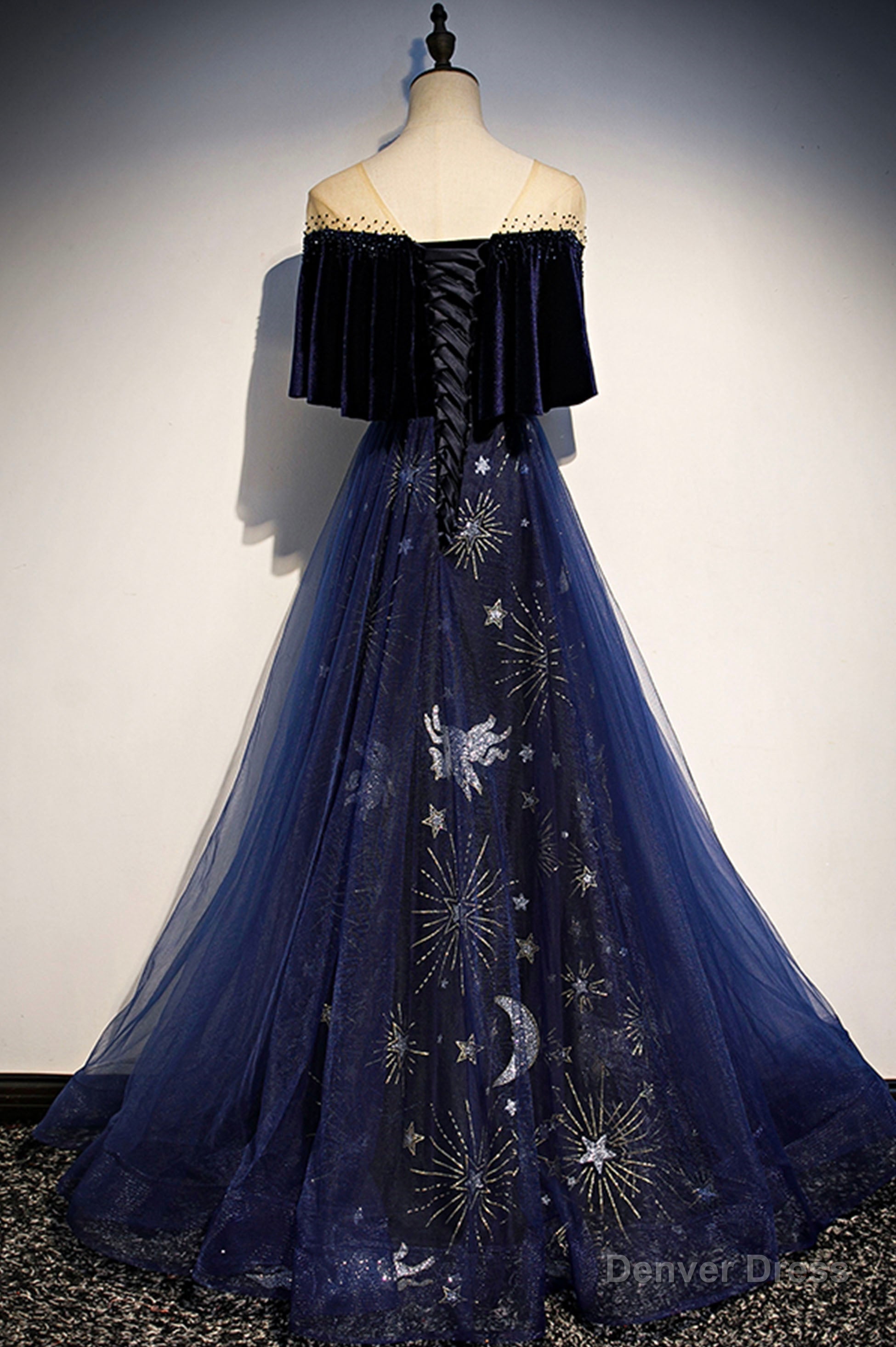 Blue Velvet Tulle Long Prom Dress, A-Line Blue Evening Party Dress Main image
