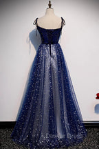 Blue Velvet Tulle Long Prom Dresses, A-Line Evening Party Dresses