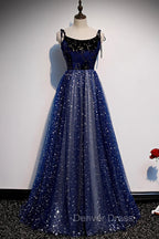 Blue Velvet Tulle Long Prom Dress, A Line Prom Dresses