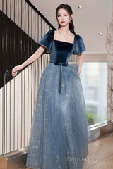 Blue Velvet Tulle Long Prom Dress, Beautiful Short Sleeve Evening Dress