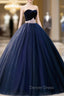 Blue Velvet Tulle Long Prom Dresses, Blue Evening Party Dresses