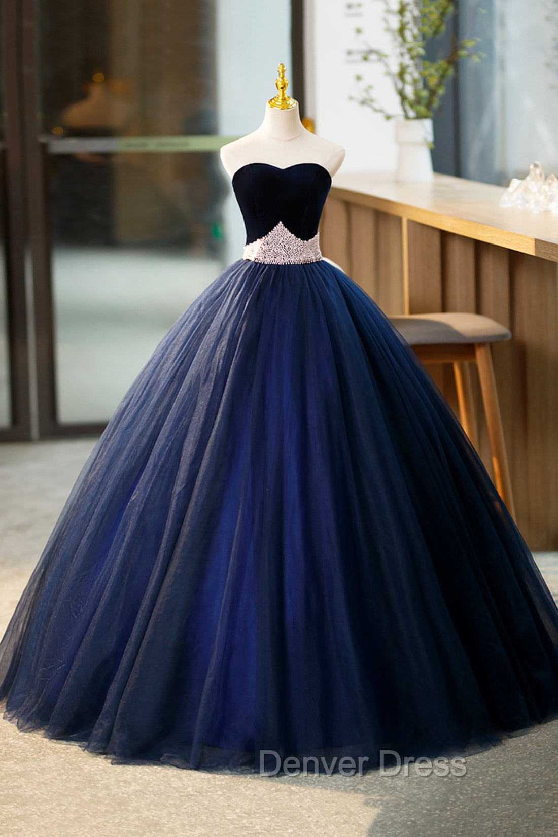 Blue Velvet Tulle Long Prom Dress, Blue Prom Dresses