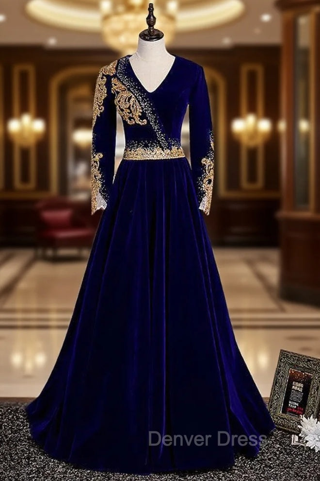 Blue Velvet V Neck Long Sleeve Gold Beading Prom Dresses
