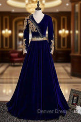 Blue Velvet V-neck Long Sleeve Gold Beading Prom Dresses