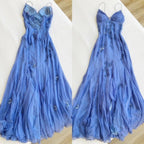 Blue Vintage Elegant V Neck Exquisite Embroidery Applique Beading Long Chiffon Prom Dress Prom Gowns Prom Dresses