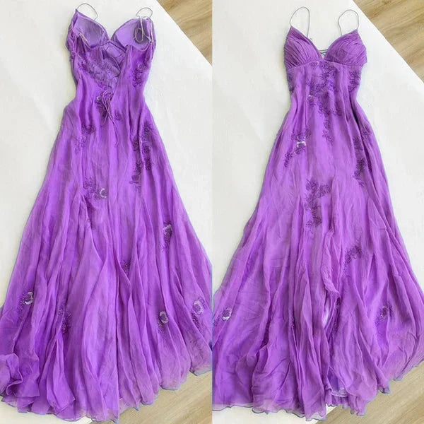 Blue Vintage Elegant V Neck Exquisite Embroidery Applique Beading Long Chiffon Prom Dress Prom Gowns Prom Dresses