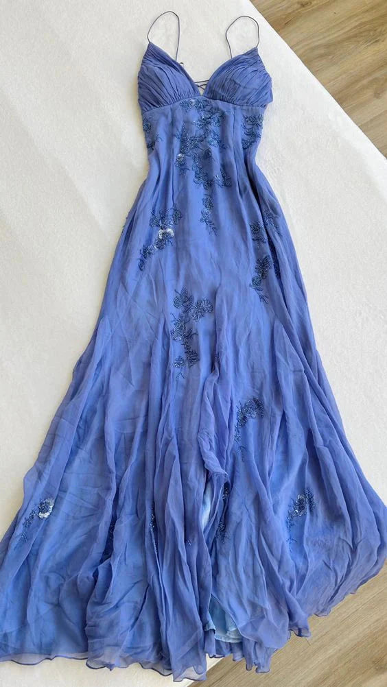 Blue Vintage Elegant V Neck Exquisite Embroidery Applique Beading Long Chiffon Prom Dress Prom Gowns Prom Dresses Main image