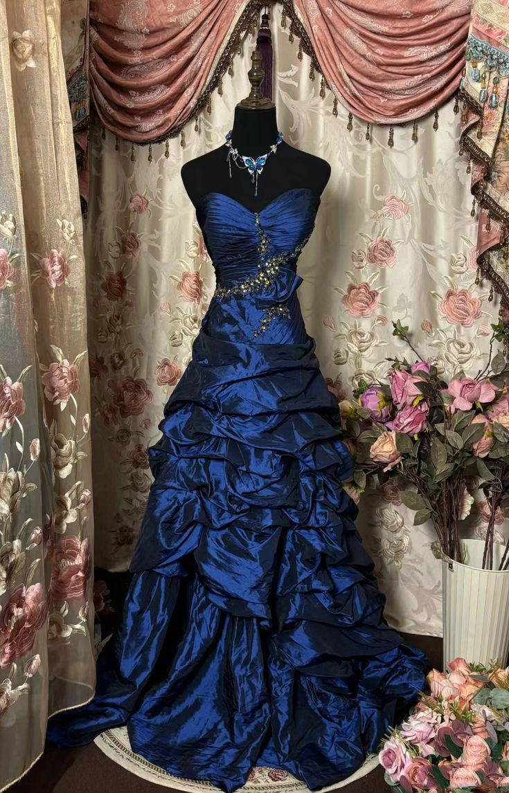 Blue Vintage Rhinestone Embellished Elegant Long Pleated Ball Gowns Prom Dresses Main image