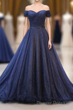 Dark Blue Shining Tulle Long Prom Dresses, Evening Dresses