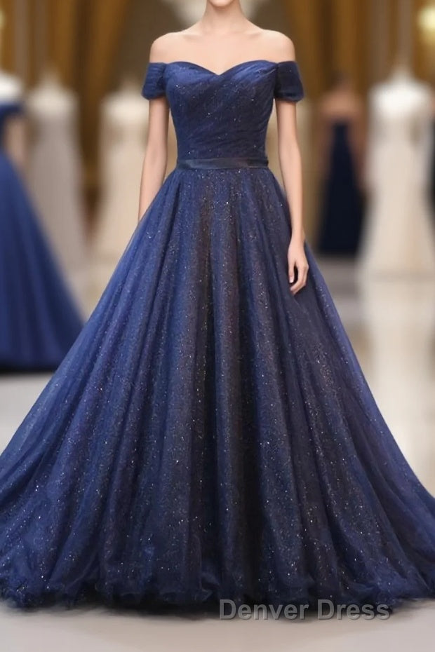 Dark Blue Shining Tulle Long Prom Dress