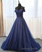 Dark Blue Shining Tulle Long Prom Dresses, Evening Dresses