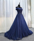Dark Blue Shining Tulle Long Prom Dresses, Evening Dresses