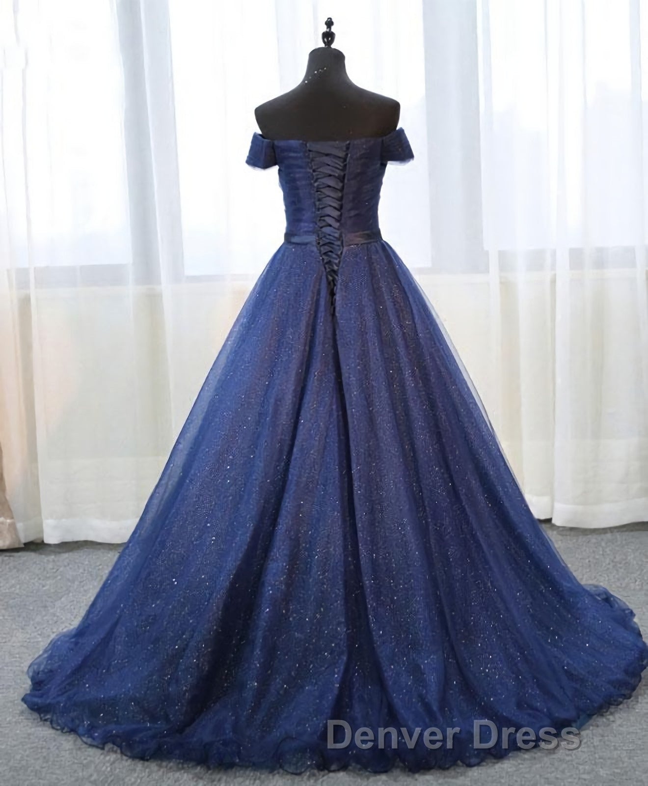 Dark Blue Shining Tulle Long Prom Dresses, Evening Dresses