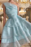 Elegant Blue A Line One Shoulder Mini Short Prom Homecoming Dresses