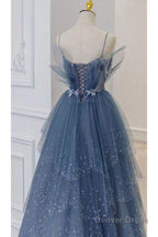 Gorgeous Blue Sparkly Tulle Beaded Prom Dresses, Tiered Prom Gowns with Rhinestone