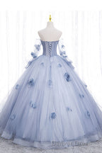 Blue Long Sleeves Tulle Prom Dress with Flowers, Puffy Off the Shoulder Quinceanera Dresses