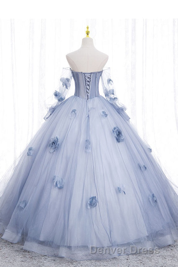 Blue Long Sleeves Tulle Prom Dress with Flowers, Puffy Off the Shoulder Quinceanera Dresses