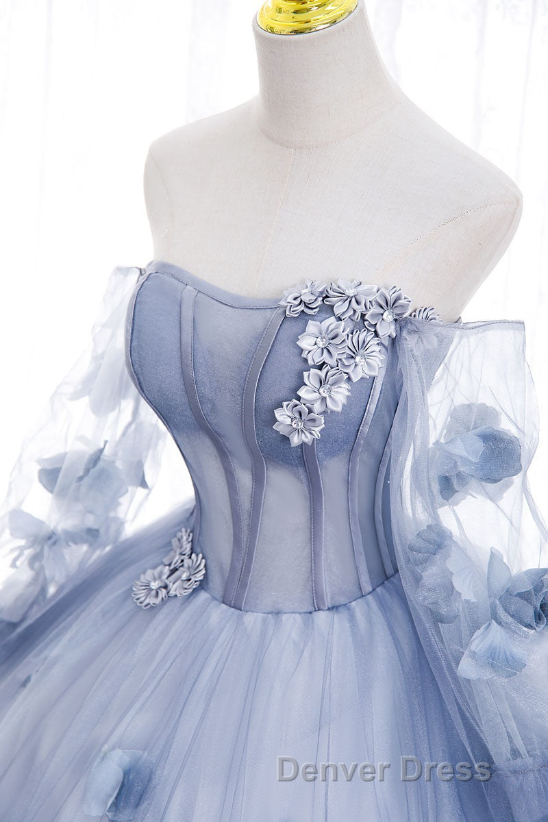 Blue Long Sleeves Tulle Prom Dress with Flowers, Puffy Off the Shoulder Quinceanera Dresses