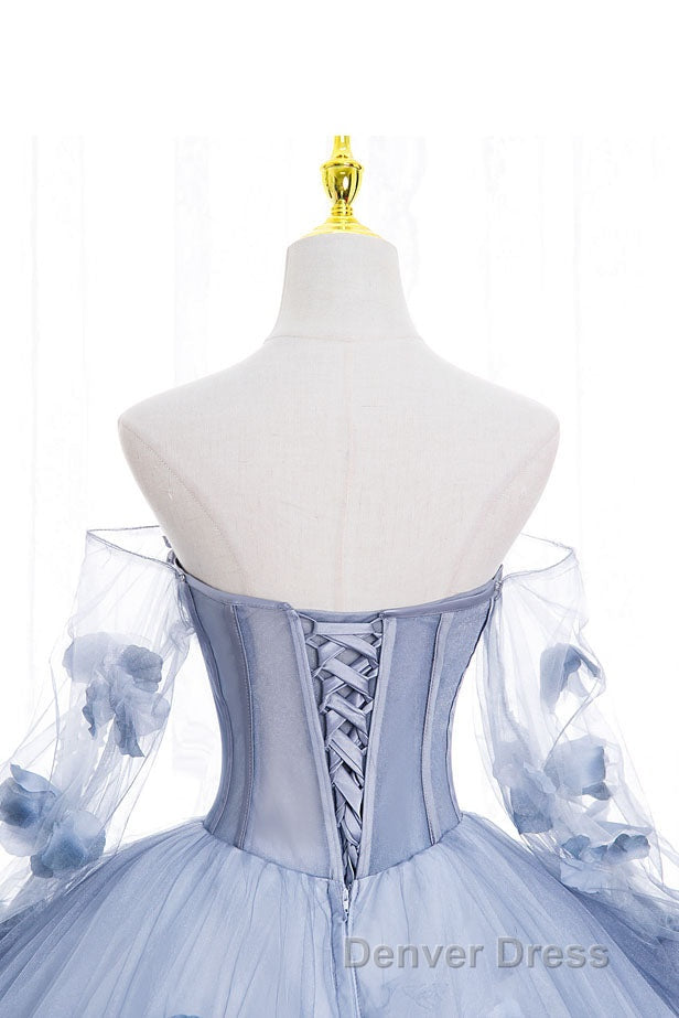 Blue Long Sleeves Tulle Prom Dress with Flowers, Puffy Off the Shoulder Quinceanera Dresses