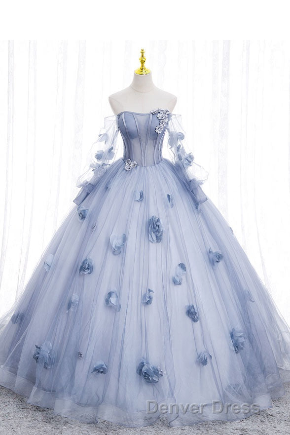 Blue Long Sleeves Tulle Prom Dress with Flowers, Puffy Off the Shoulder Quinceanera Dresses
